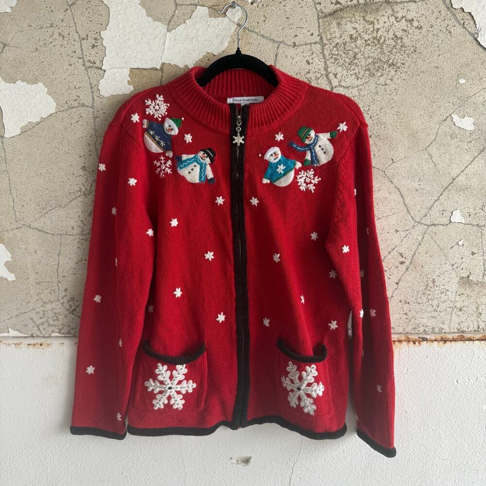 Vtg Christmas Sweater Red Zip‎ Cardigan Embroidered Snowman Snowflakes Womens M